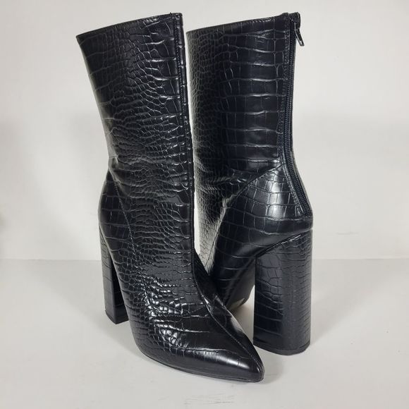 EGO Shoes - EGO Women's Black Croc Print Faux Leather Block Heel Ankle Boots Size US 9